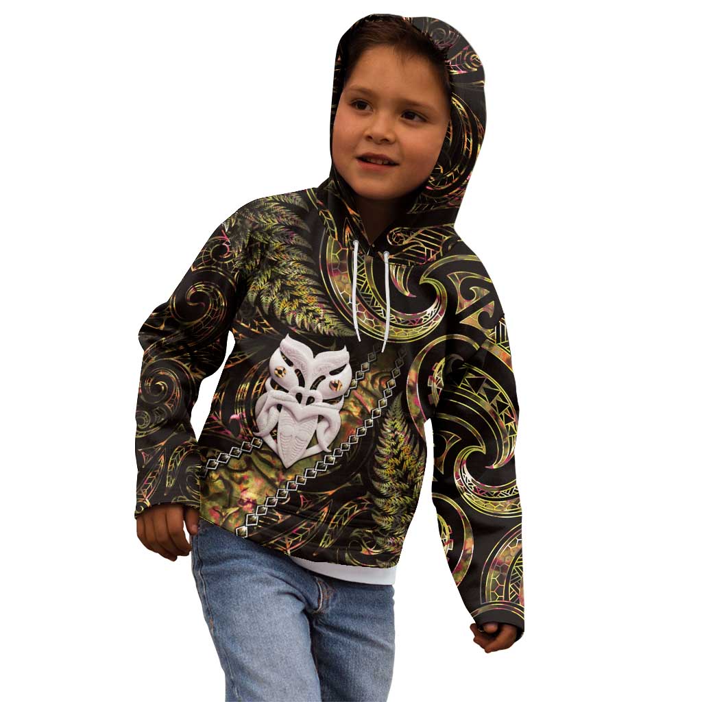 New Zealand Aotearoa Kid Hoodie Maori Wheku Paua Shell Glitter Gold