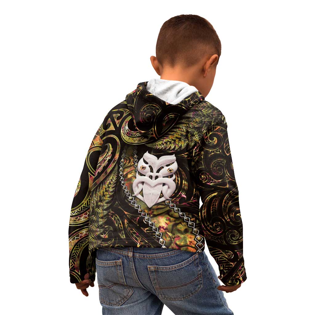 New Zealand Aotearoa Kid Hoodie Maori Wheku Paua Shell Glitter Gold