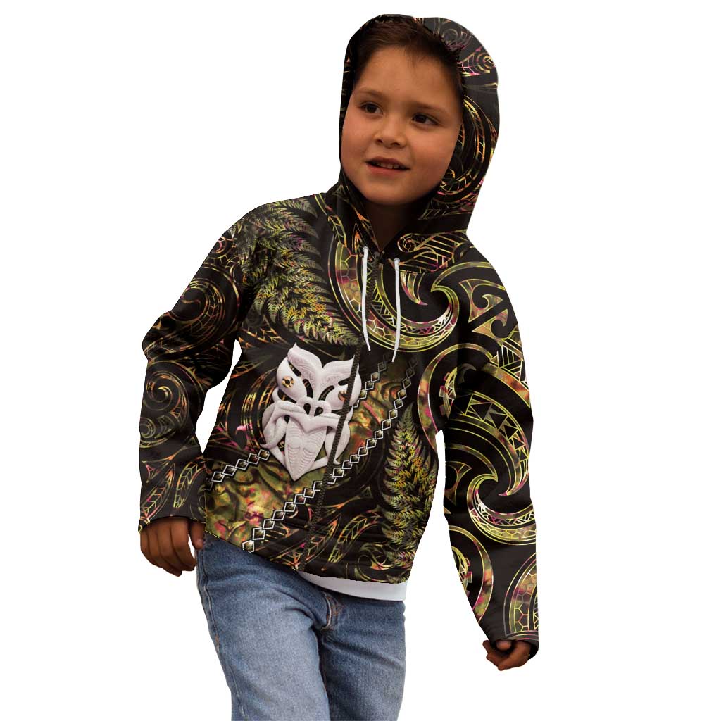 New Zealand Aotearoa Kid Hoodie Maori Wheku Paua Shell Glitter Gold