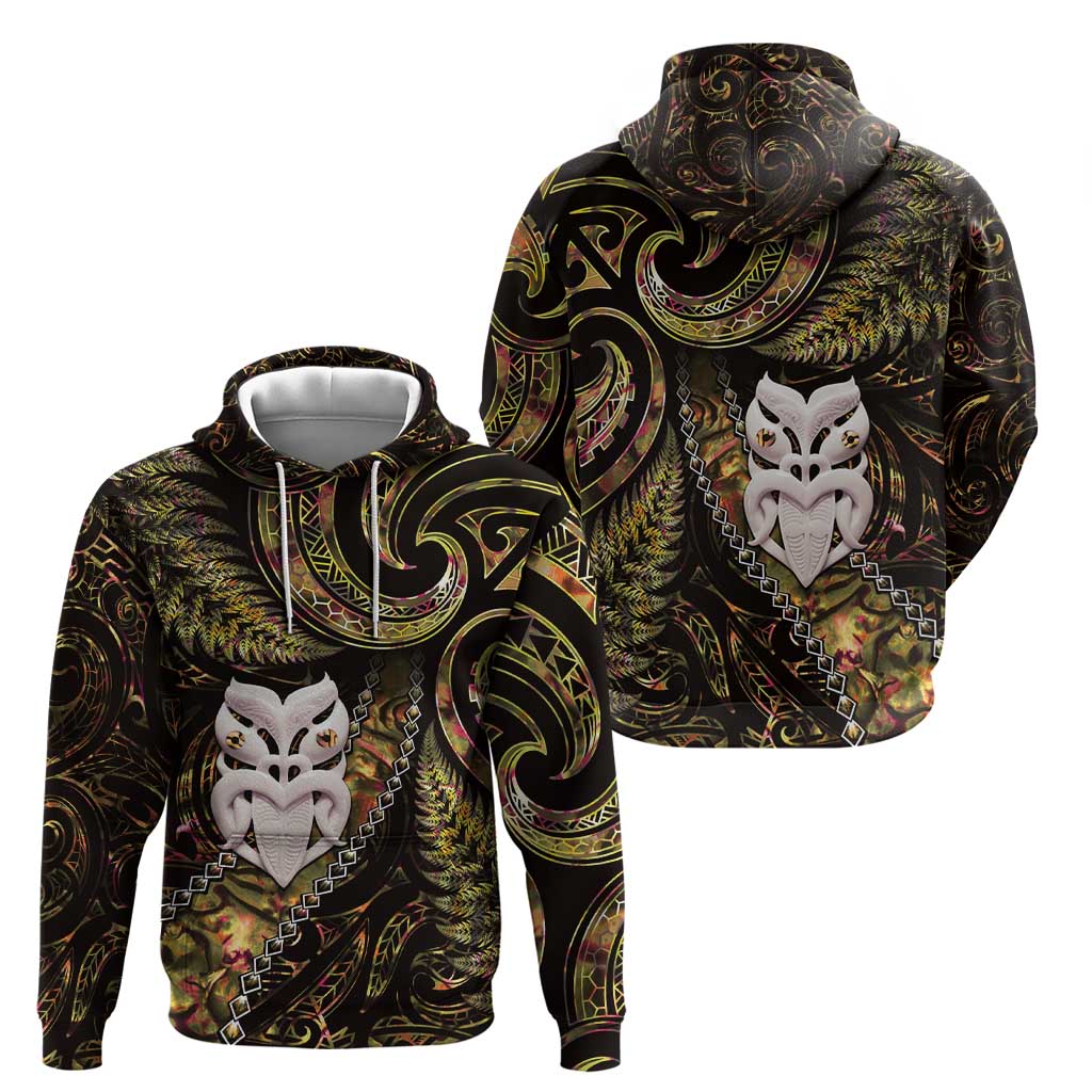 New Zealand Aotearoa Zip Hoodie Maori Wheku Paua Shell Glitter Gold