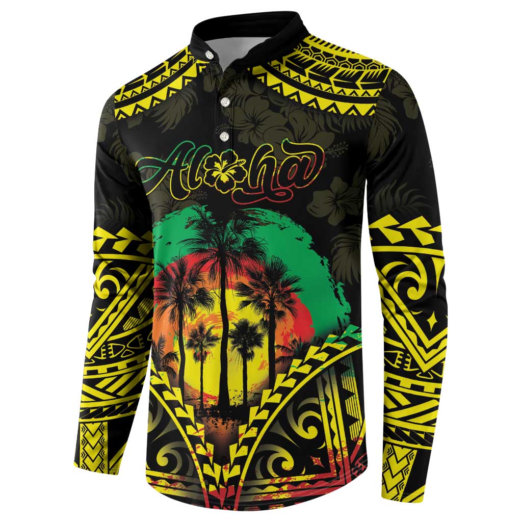 Aloha Tropical Palm Trees Button Sweatshirt Reggae Polynesian Pattern