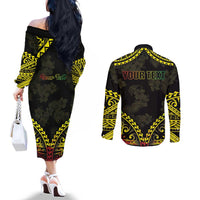 Aloha Tropical Palm Trees Couples Matching Off The Shoulder Long Sleeve Dress and Long Sleeve Button Shirt Reggae Polynesian Pattern
