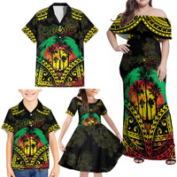 Aloha Tropical Palm Trees Family Matching Off Shoulder Maxi Dress and Hawaiian Shirt Reggae Polynesian Pattern