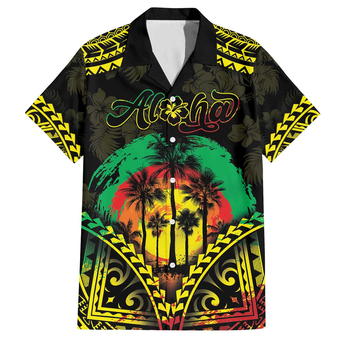 Aloha Tropical Palm Trees Family Matching Off Shoulder Short Dress and Hawaiian Shirt Reggae Polynesian Pattern