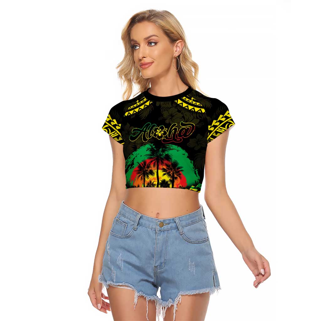Aloha Tropical Palm Trees Raglan Cropped T Shirt Reggae Polynesian Pattern