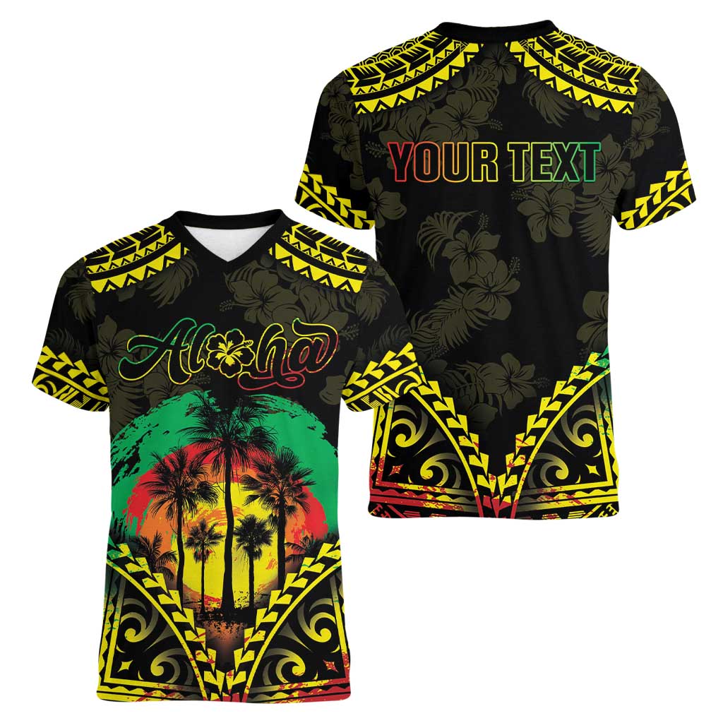 Aloha Tropical Palm Trees Women V-Neck T-Shirt Reggae Polynesian Pattern
