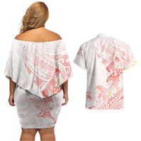 Polynesia Hammerhead Shark Couples Matching Off Shoulder Short Dress and Hawaiian Shirt Tropical Flowers Tribal Pattern Peach