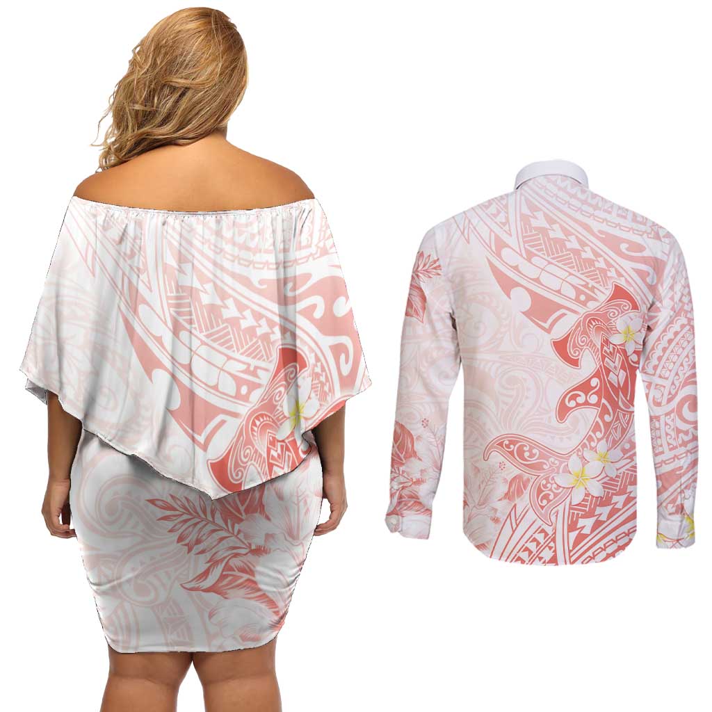 Polynesia Hammerhead Shark Couples Matching Off Shoulder Short Dress and Long Sleeve Button Shirt Tropical Flowers Tribal Pattern Peach