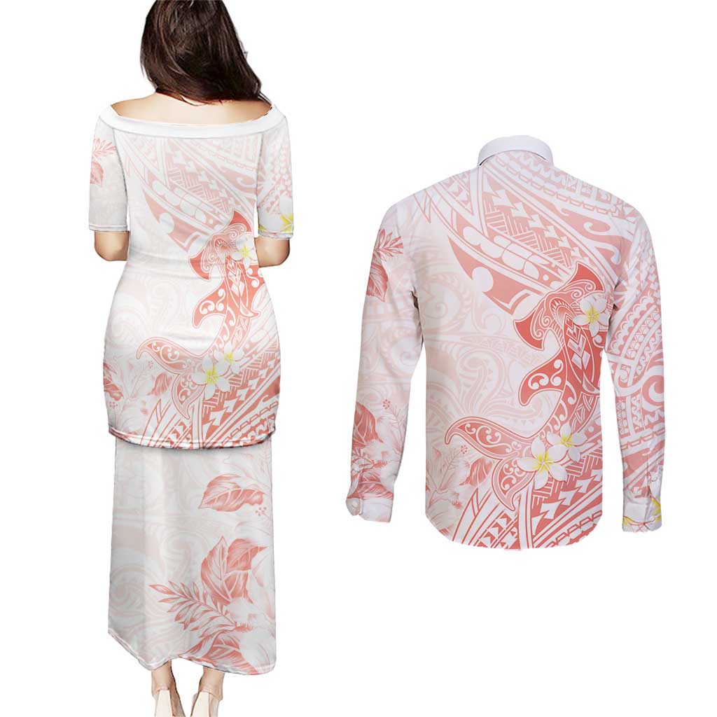 Polynesia Hammerhead Shark Couples Matching Puletasi and Long Sleeve Button Shirt Tropical Flowers Tribal Pattern Peach