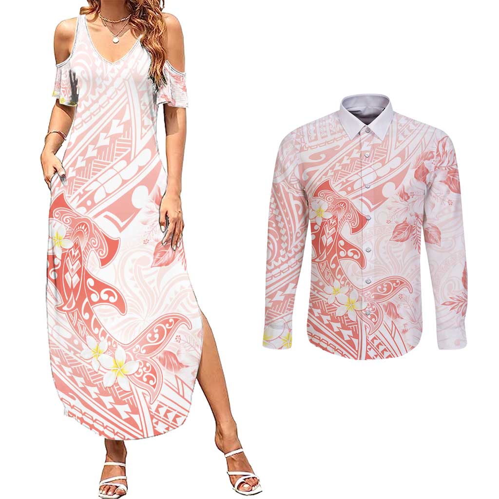 Polynesia Hammerhead Shark Couples Matching Summer Maxi Dress and Long Sleeve Button Shirt Tropical Flowers Tribal Pattern Peach