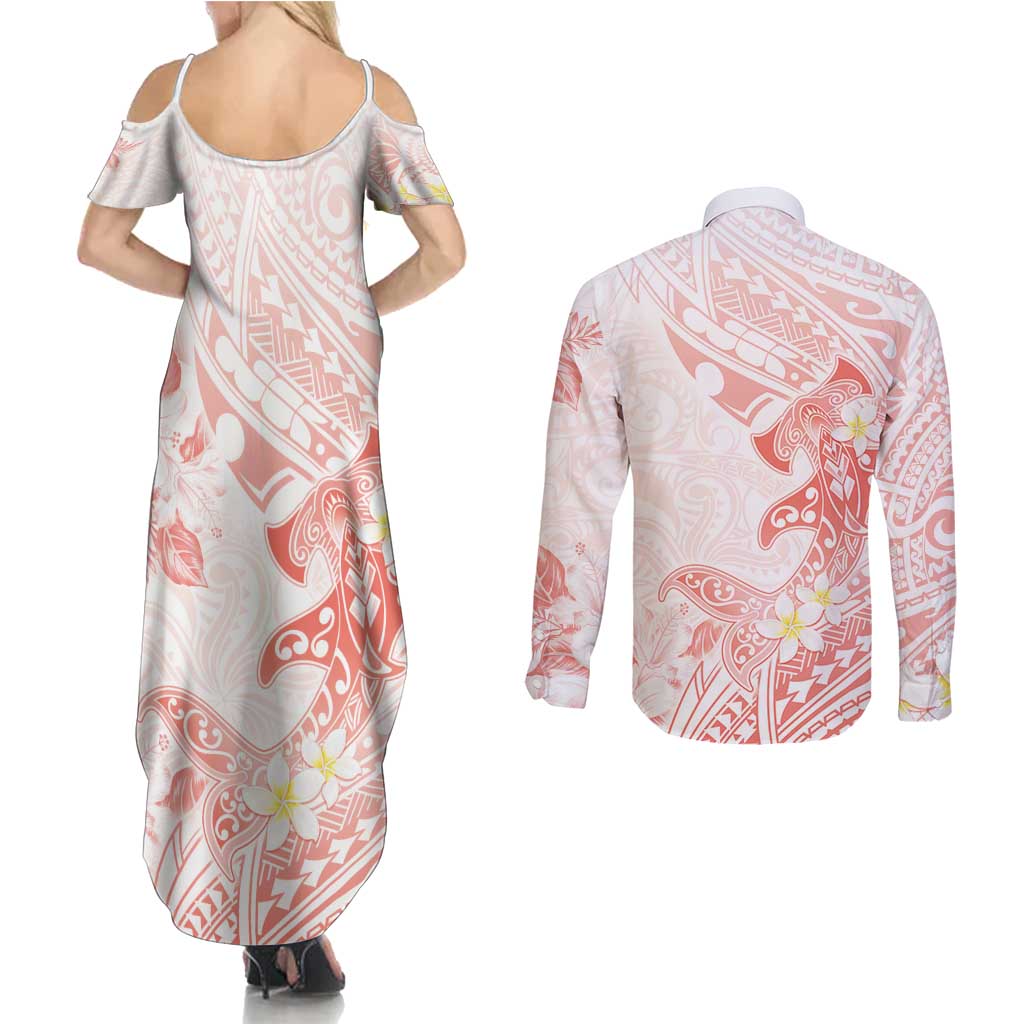 Polynesia Hammerhead Shark Couples Matching Summer Maxi Dress and Long Sleeve Button Shirt Tropical Flowers Tribal Pattern Peach