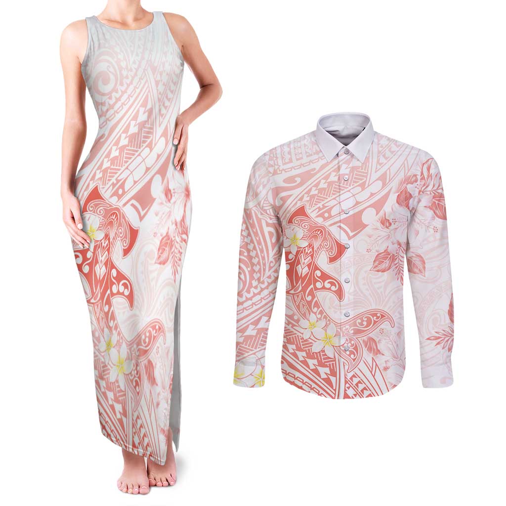 Polynesia Hammerhead Shark Couples Matching Tank Maxi Dress and Long Sleeve Button Shirt Tropical Flowers Tribal Pattern Peach LT05 Peach - Polynesian Pride