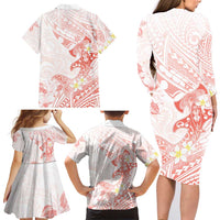 Polynesia Hammerhead Shark Family Matching Long Sleeve Bodycon Dress and Hawaiian Shirt Tropical Flowers Tribal Pattern Peach
