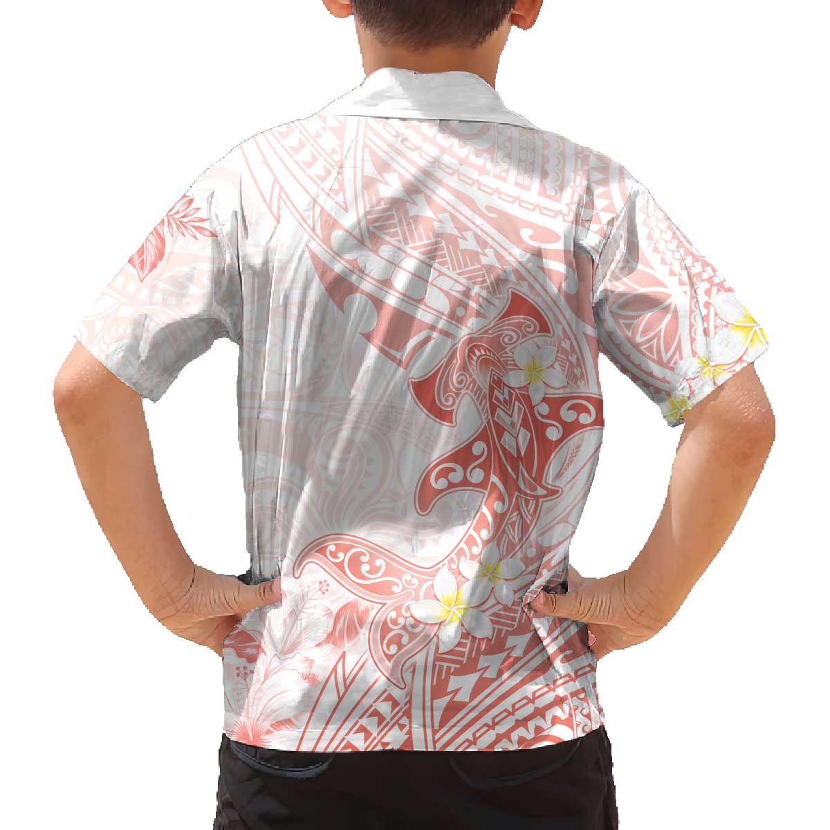 Polynesia Hammerhead Shark Family Matching Off The Shoulder Long Sleeve Dress and Hawaiian Shirt Tropical Flowers Tribal Pattern Peach