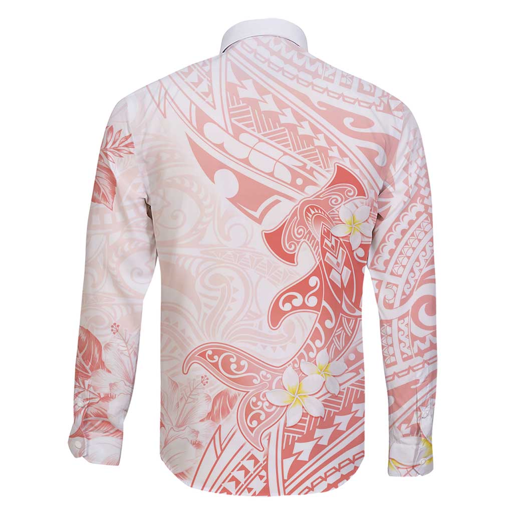 Polynesia Hammerhead Shark Family Matching Short Sleeve Bodycon Dress and Hawaiian Shirt Tropical Flowers Tribal Pattern Peach