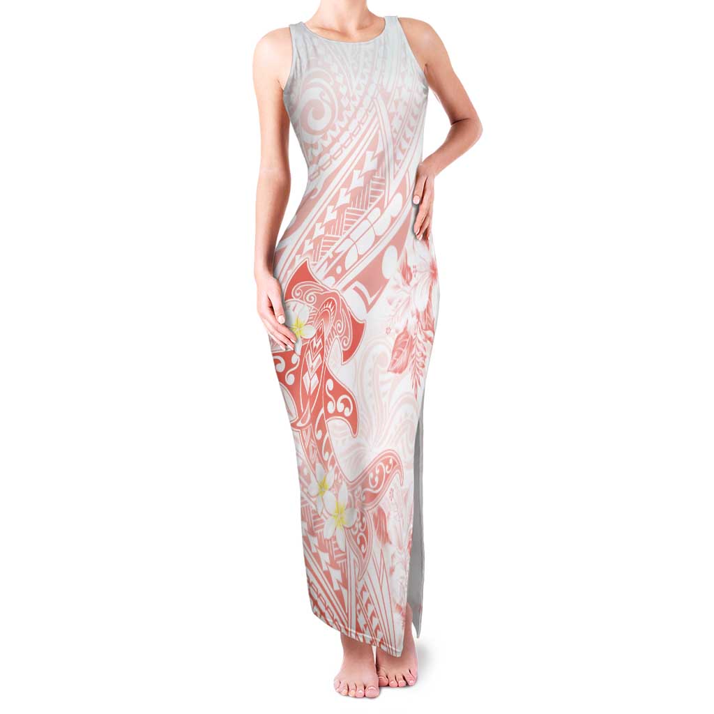 Polynesia Hammerhead Shark Family Matching Tank Maxi Dress and Hawaiian Shirt Tropical Flowers Tribal Pattern Peach