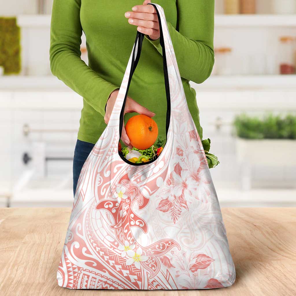 Polynesia Hammerhead Shark Grocery Bag Tropical Flowers Tribal Pattern Peach