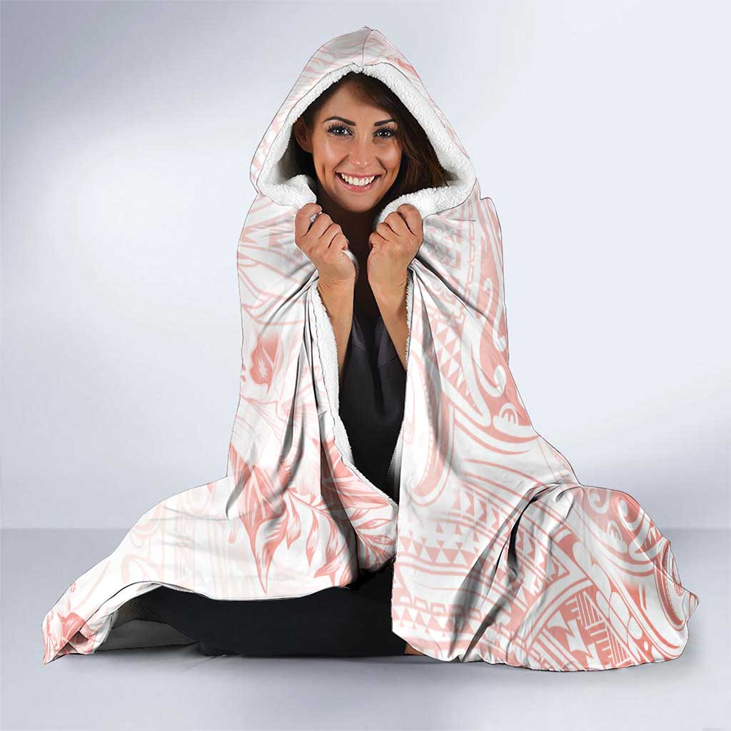 Polynesia Hammerhead Shark Hooded Blanket Tropical Flowers Tribal Pattern Peach