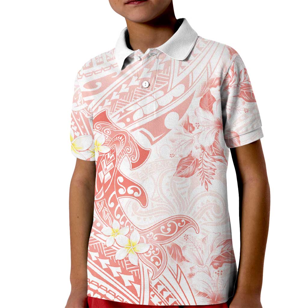 Polynesia Hammerhead Shark Kid Polo Shirt Tropical Flowers Tribal Pattern Peach