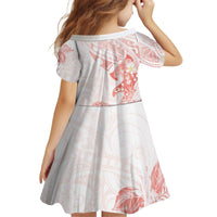 Polynesia Hammerhead Shark Kid Short Sleeve Dress Tropical Flowers Tribal Pattern Peach