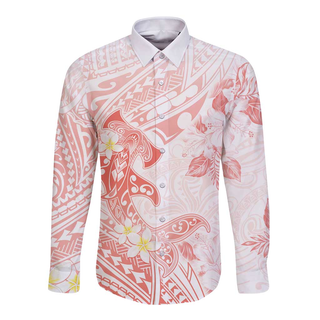 Polynesia Hammerhead Shark Long Sleeve Button Shirt Tropical Flowers Tribal Pattern Peach LT05 Unisex Peach - Polynesian Pride