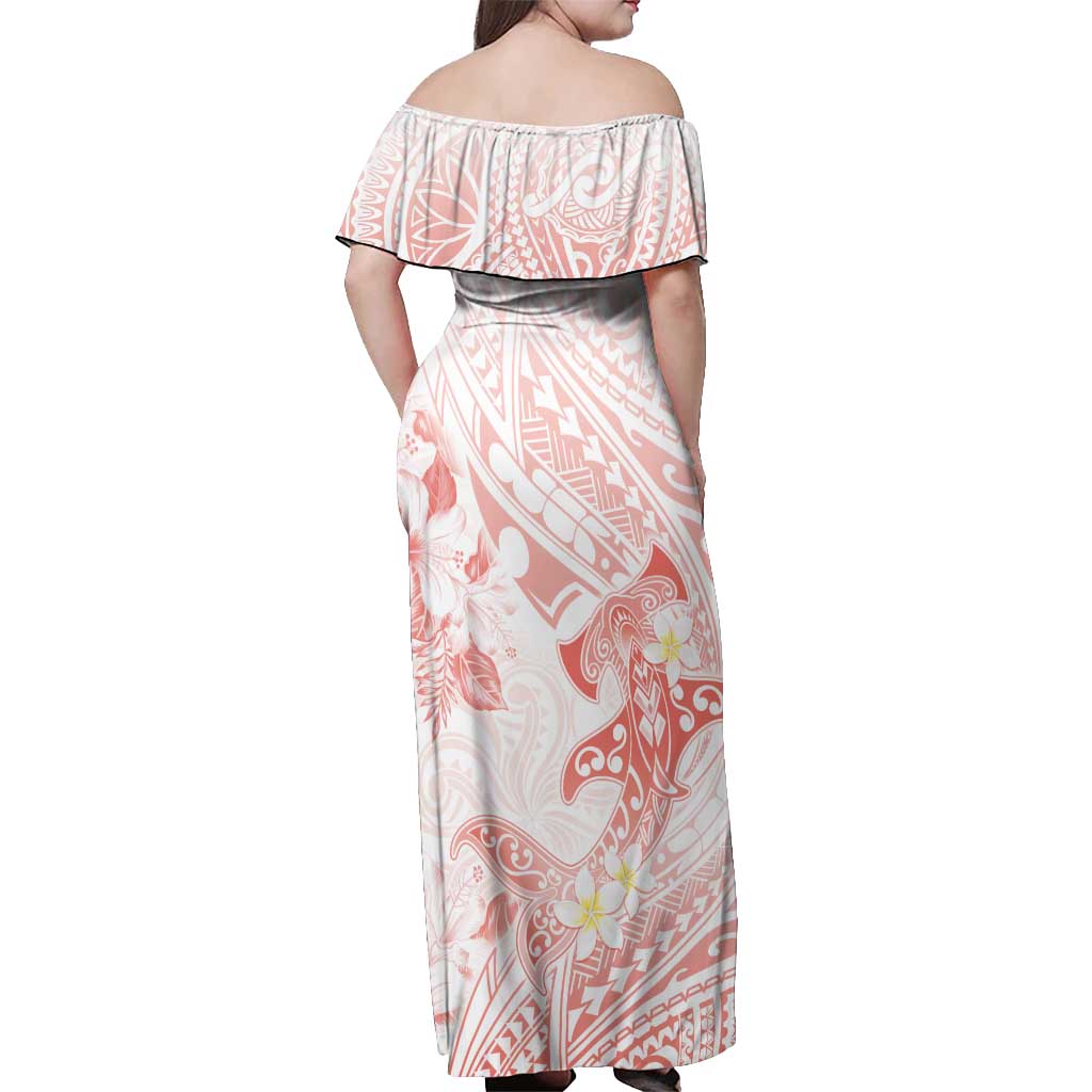 Polynesia Hammerhead Shark Off Shoulder Maxi Dress Tropical Flowers Tribal Pattern Peach