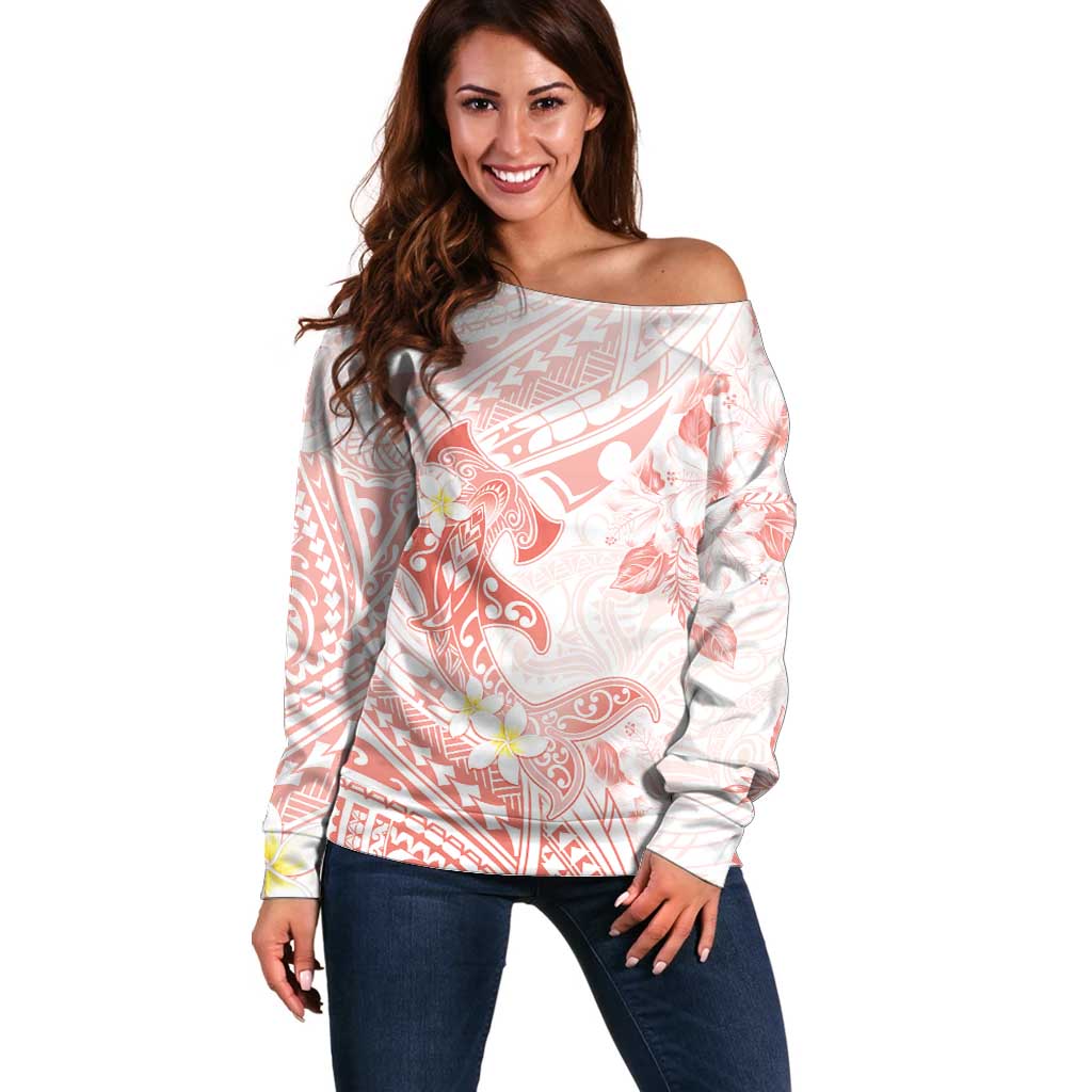 Polynesia Hammerhead Shark Off Shoulder Sweater Tropical Flowers Tribal Pattern Peach LT05 Women Peach - Polynesian Pride