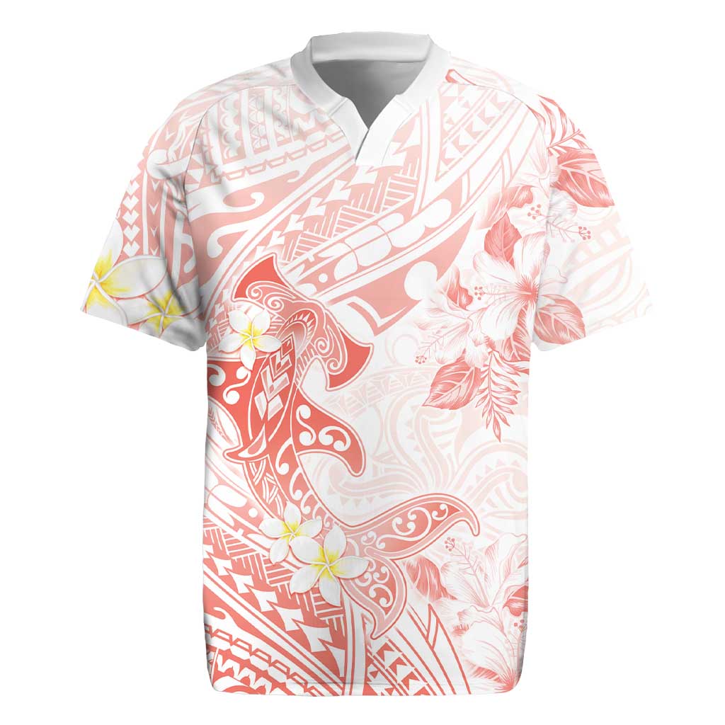 Polynesia Hammerhead Shark Rugby Jersey Tropical Flowers Tribal Pattern Peach LT05 Peach - Polynesian Pride