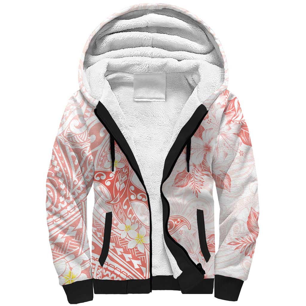 Polynesia Hammerhead Shark Sherpa Hoodie Tropical Flowers Tribal Pattern Peach LT05 Unisex Peach - Polynesian Pride
