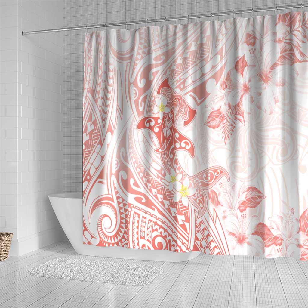 Polynesia Hammerhead Shark Shower Curtain Tropical Flowers Tribal Pattern Peach