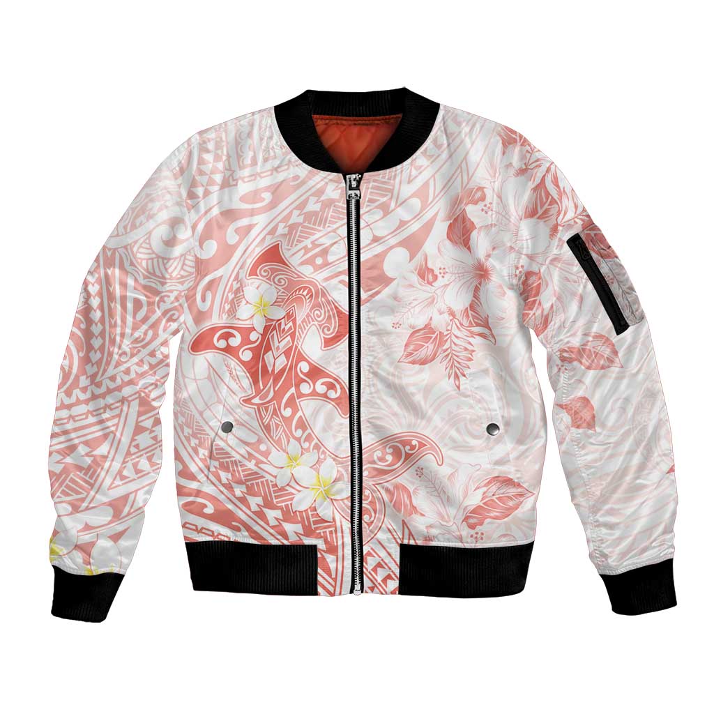 Polynesia Hammerhead Shark Sleeve Zip Bomber Jacket Tropical Flowers Tribal Pattern Peach LT05 Unisex Peach - Polynesian Pride