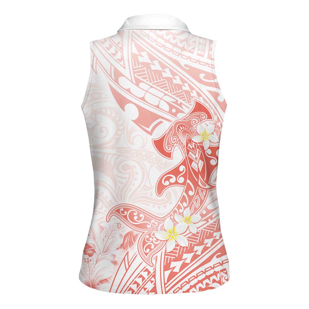 Polynesia Hammerhead Shark Women Sleeveless Polo Shirt Tropical Flowers Tribal Pattern Peach