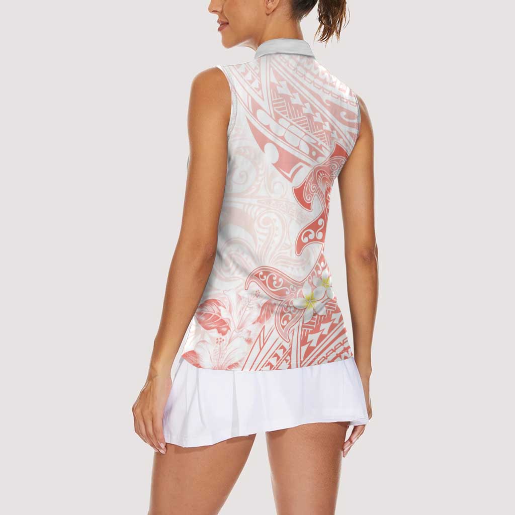 Polynesia Hammerhead Shark Women Sleeveless Polo Shirt Tropical Flowers Tribal Pattern Peach