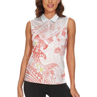 Polynesia Hammerhead Shark Women Sleeveless Polo Shirt Tropical Flowers Tribal Pattern Peach