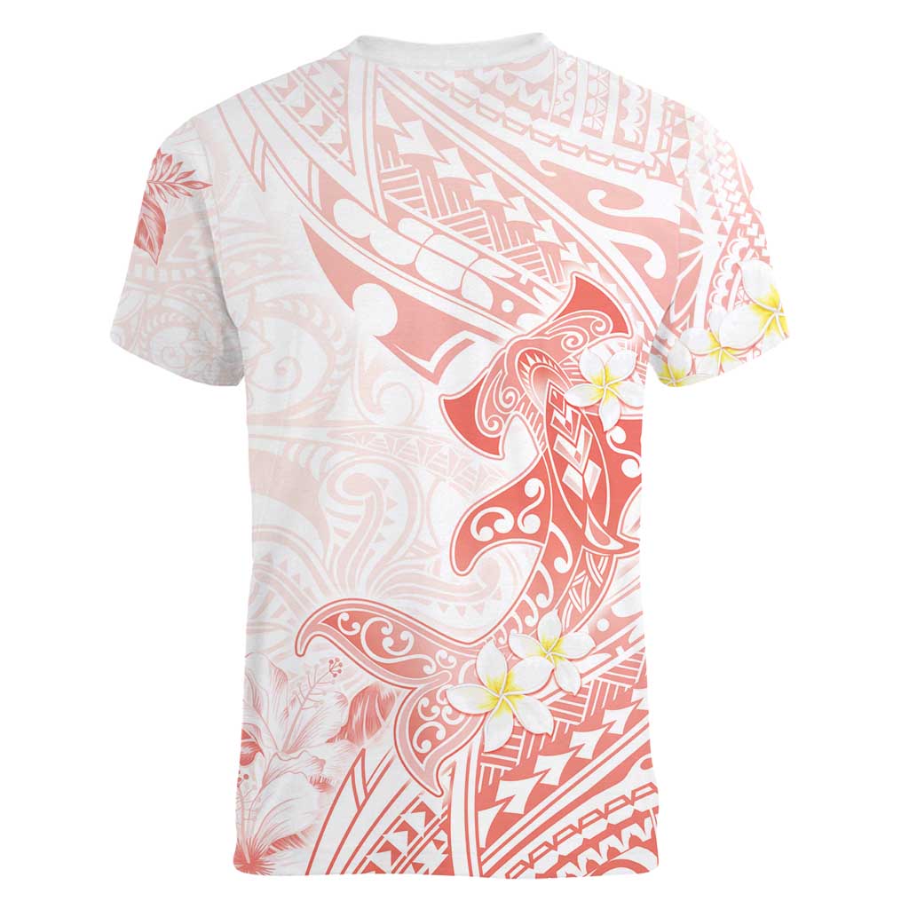 Polynesia Hammerhead Shark Women V-Neck T-Shirt Tropical Flowers Tribal Pattern Peach