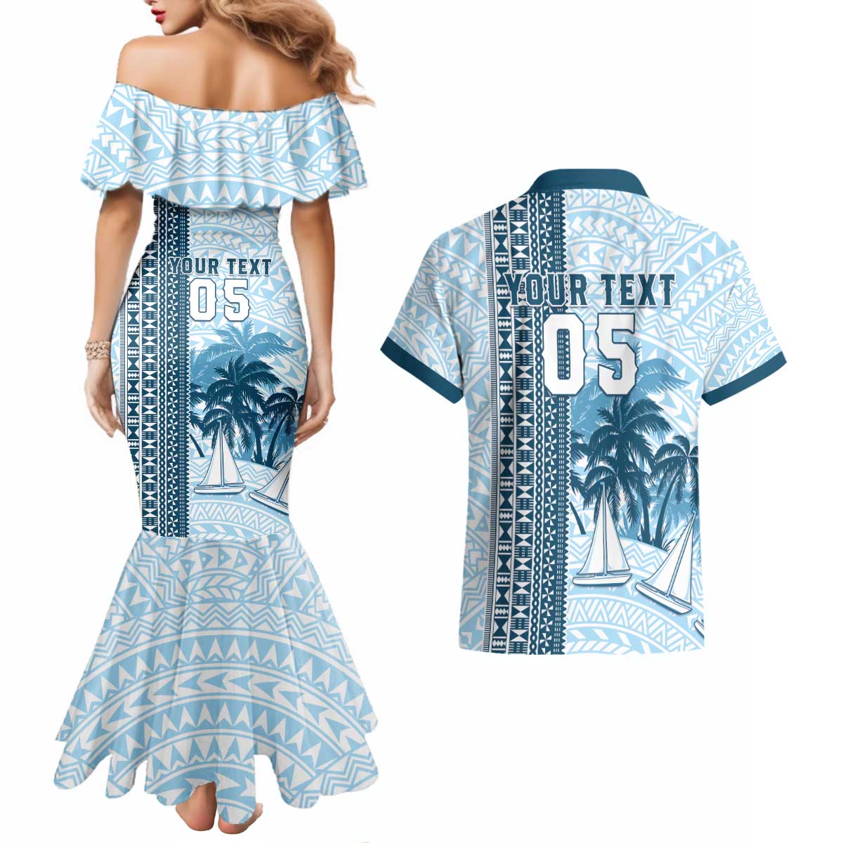 Custom Fiji Regatta Couples Matching Mermaid Dress and Hawaiian Shirt Palm Tree Tapa Pattern - Polynesian Pride
