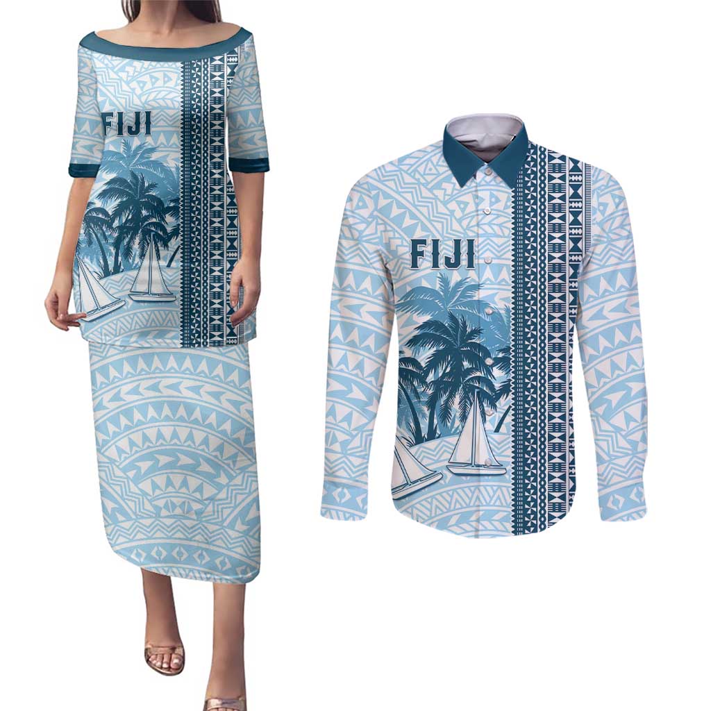 Custom Fiji Regatta Couples Matching Puletasi and Long Sleeve Button Shirt Palm Tree Tapa Pattern - Polynesian Pride