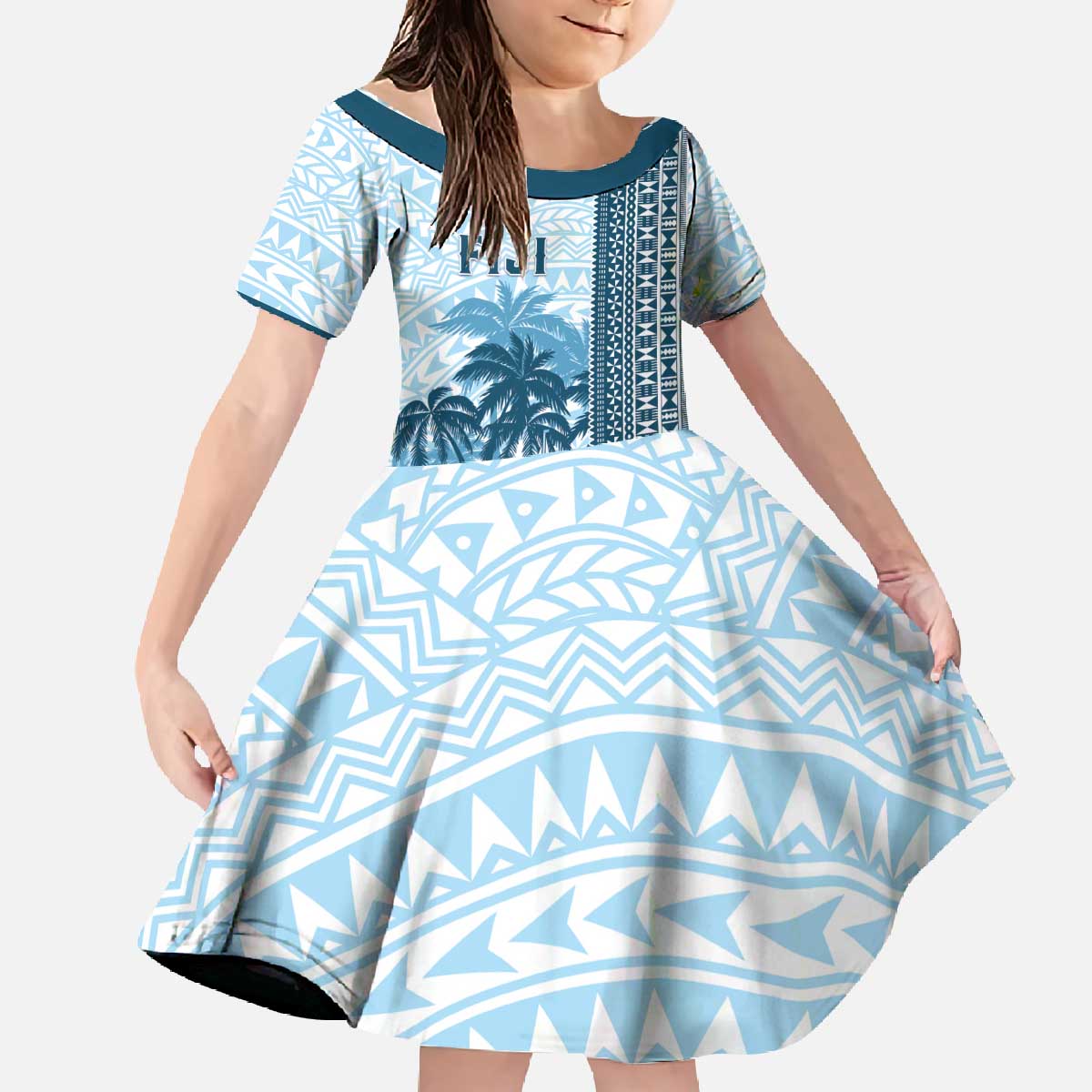 Custom Fiji Regatta Family Matching Off The Shoulder Long Sleeve Dress and Hawaiian Shirt Palm Tree Tapa Pattern - Polynesian Pride