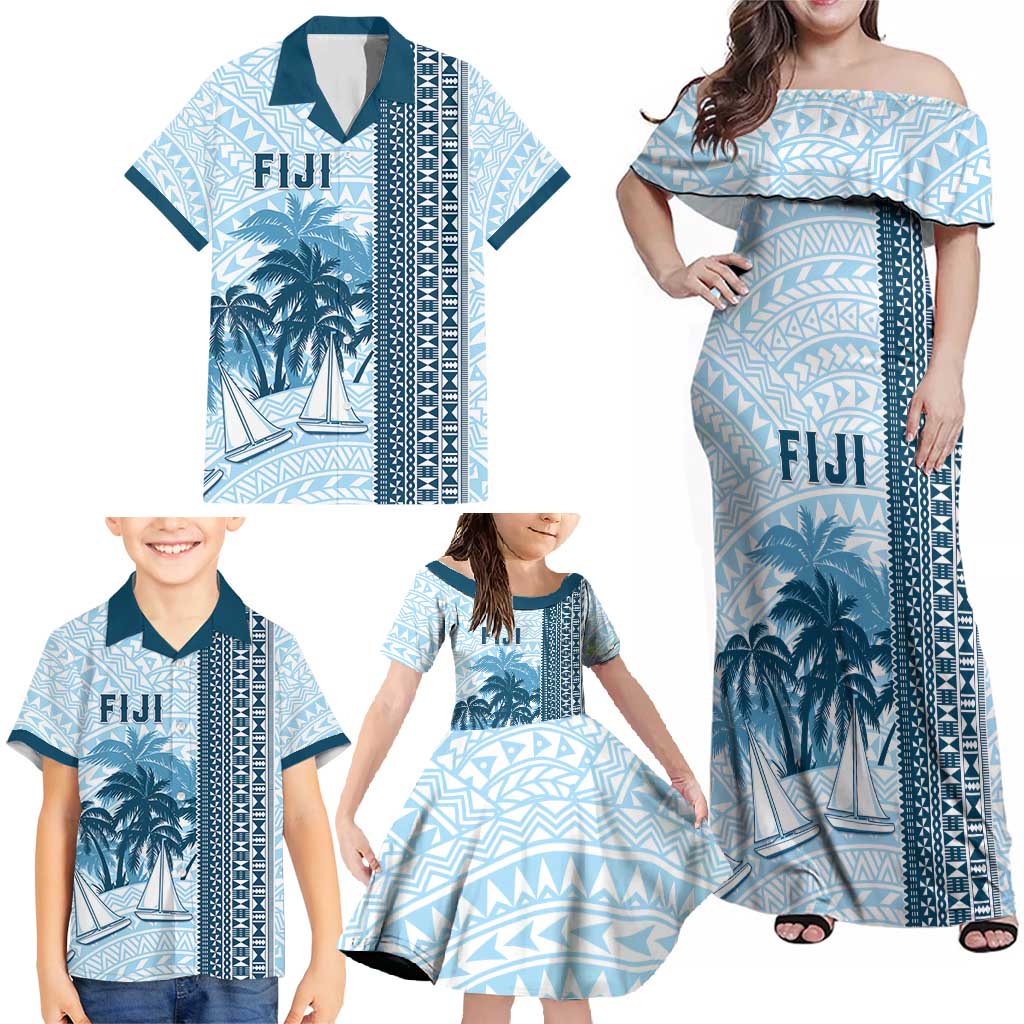 Custom Fiji Regatta Family Matching Off Shoulder Maxi Dress and Hawaiian Shirt Palm Tree Tapa Pattern - Polynesian Pride