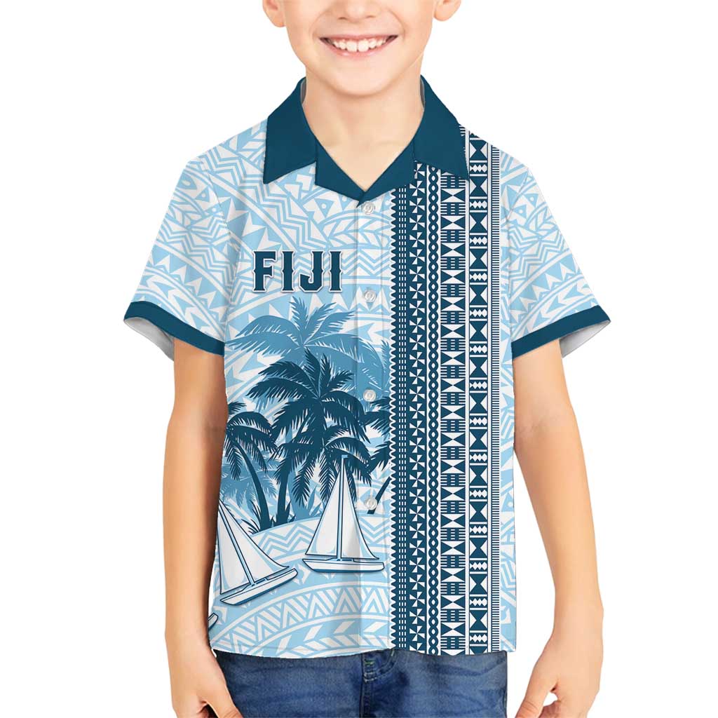 Custom Fiji Regatta Family Matching Off Shoulder Maxi Dress and Hawaiian Shirt Palm Tree Tapa Pattern - Polynesian Pride