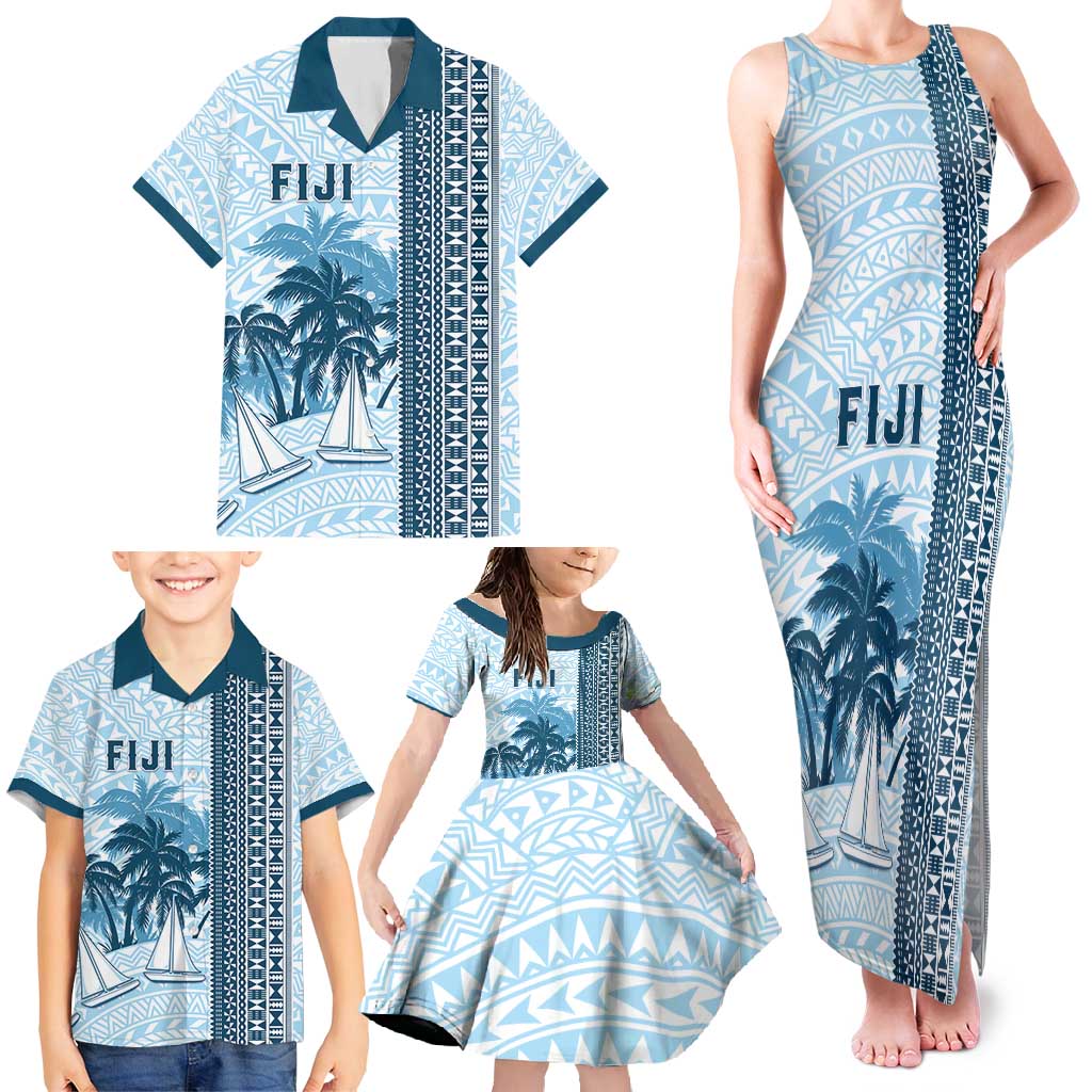 Custom Fiji Regatta Family Matching Tank Maxi Dress and Hawaiian Shirt Palm Tree Tapa Pattern - Polynesian Pride