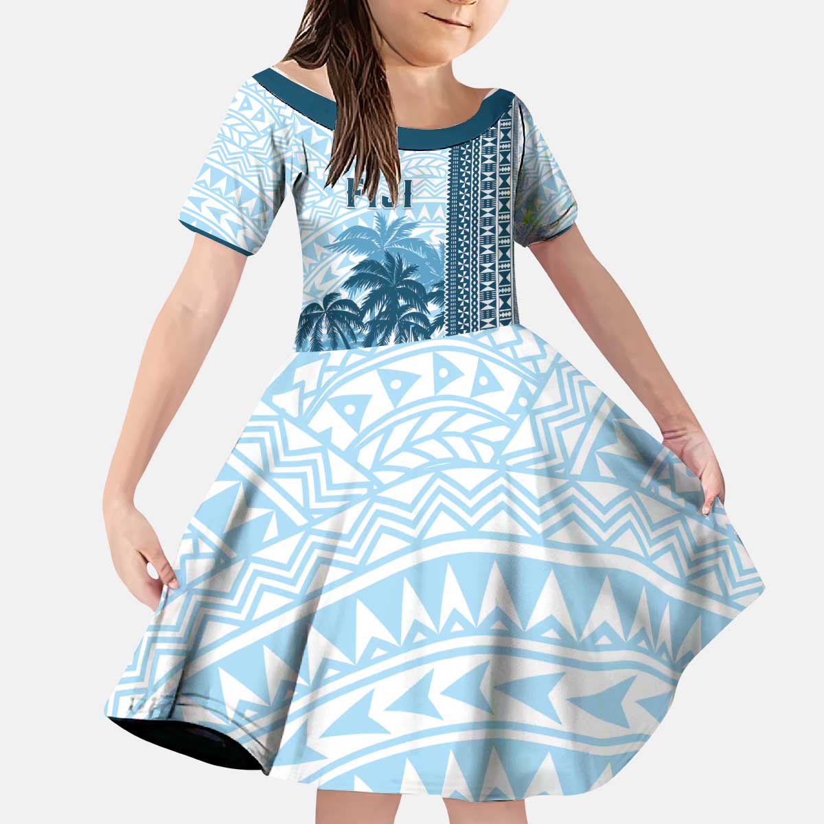 Custom Fiji Regatta Kid Short Sleeve Dress Palm Tree Tapa Pattern - Polynesian Pride