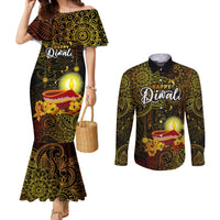 happy-diwali-festival-couples-matching-mermaid-dress-and-long-sleeve-button-shirts-diya-lamp-hibiscus-polynesian-pattern