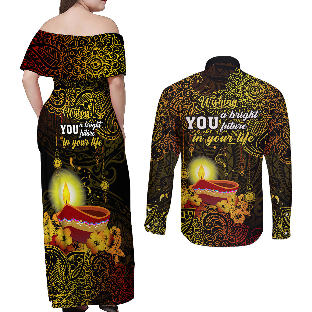 happy-diwali-festival-couples-matching-off-shoulder-maxi-dress-and-long-sleeve-button-shirts-diya-lamp-hibiscus-polynesian-pattern
