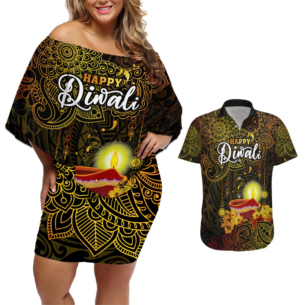 happy-diwali-festival-couples-matching-off-shoulder-short-dress-and-hawaiian-shirt-diya-lamp-hibiscus-polynesian-pattern