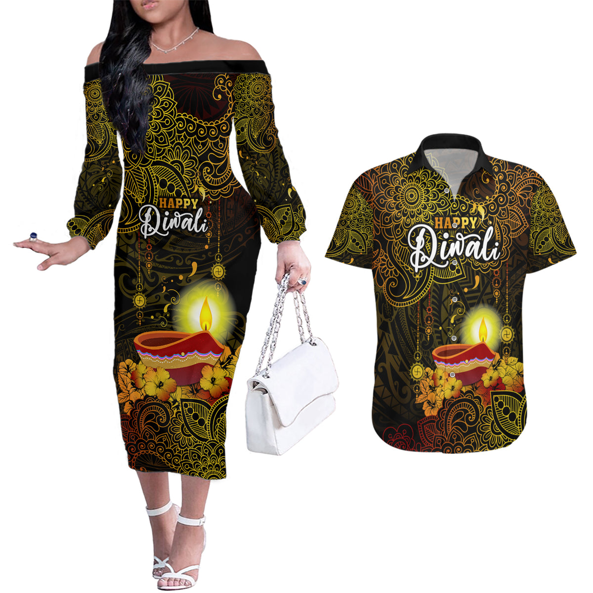 Happy Diwali Festival Couples Matching Off The Shoulder Long Sleeve Dress and Hawaiian Shirt Diya Lamp Hibiscus Polynesian Pattern LT05 Yellow - Polynesian Pride