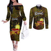 happy-diwali-festival-couples-matching-off-the-shoulder-long-sleeve-dress-and-long-sleeve-button-shirts-diya-lamp-hibiscus-polynesian-pattern