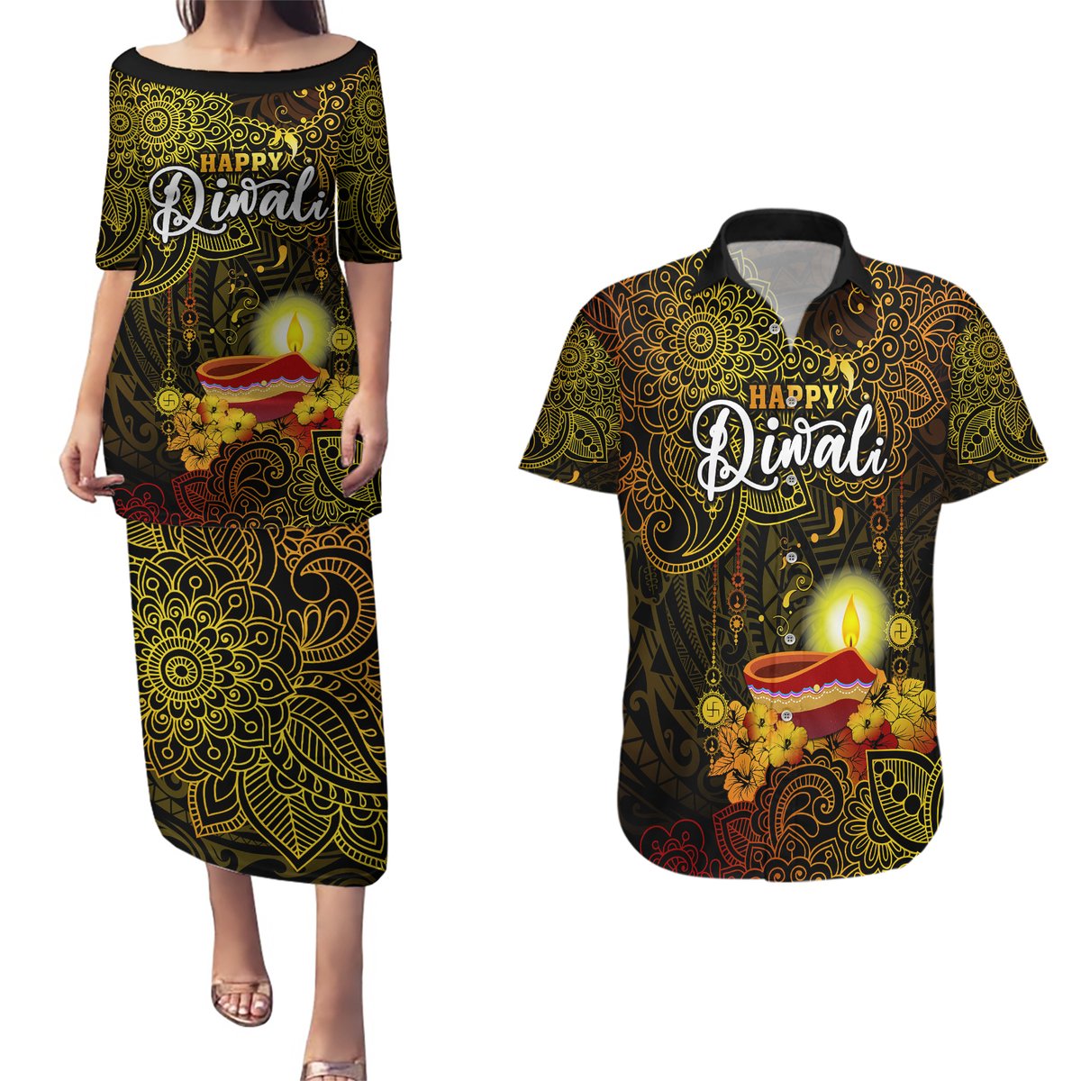 happy-diwali-festival-couples-matching-puletasi-dress-and-hawaiian-shirt-diya-lamp-hibiscus-polynesian-pattern