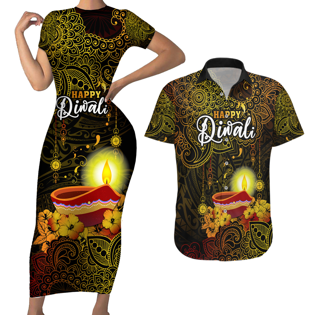 Happy Diwali Festival Couples Matching Short Sleeve Bodycon Dress and Hawaiian Shirt Diya Lamp Hibiscus Polynesian Pattern LT05 Yellow - Polynesian Pride