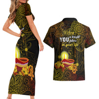 Happy Diwali Festival Couples Matching Short Sleeve Bodycon Dress and Hawaiian Shirt Diya Lamp Hibiscus Polynesian Pattern LT05 - Polynesian Pride